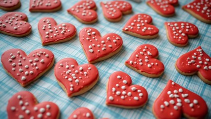 Macro Shot of Red Heart-Shaped Sugar Cookies on Blue Tablecloth