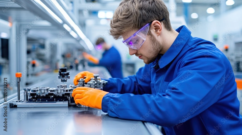 Poster worker assembling machinery in a factory setting.
