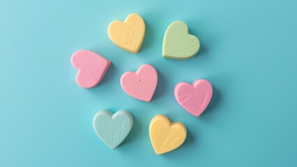 Obraz premium Pastel Candy Hearts, Minimalist Love Concept Flat Lay Stock Photo