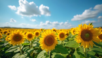 Vibrant Sunflower Field under Sunny Blue Sky - Wide Angle Photography
