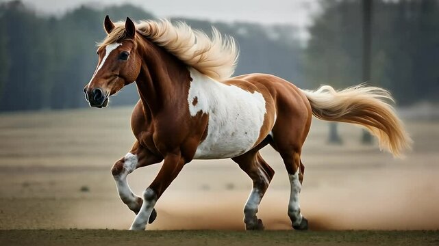 Energetic White Skewbald Pony Galloping Quickly, Representing the Active Life of an Equine Mammal in Nature, Full of Playfulness and Chestnut Gait
