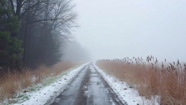 Winter Prairie Road, Foggy Snowy Landscape Photography