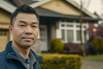 Asian male adult standing outside suburban house looking confident