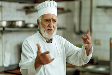 Elderly Caucasian male chef explaining culinary techniques in professional kitchen