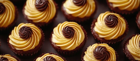 Close-up of small yellow cupcakes with swirl frosting chocolate topping food photography .