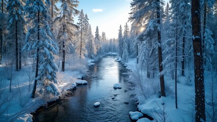 Aerial View of a Snow-Covered River Flowing Through a Winter Forest in Lapland, Finland. A Stunning High-Resolution Image Capturing the Beauty of Finnish Nature in Winter, with Snow-Dusted