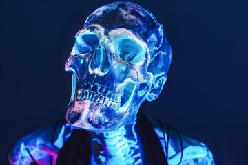 Neon lit skeleton illustration with blue and purple glowing hues