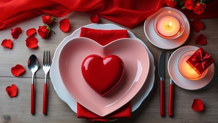 Romantic Valentine's Day Dinner Table Setting, Heart-Shaped Plates, Red Napkins, Candles, Roses