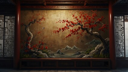Serene Asian Room with Blossoming Plum Trees Mural