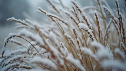 Fototapeta premium Close-up of Snow-Covered Wild Grasses in Winter, Muted Colors, Boho Style Photography