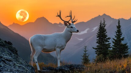 Obraz premium A majestic white deer with perfect antlers, on the mountain and the beautiful view of the full moon at night