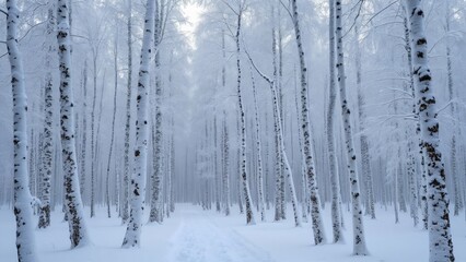 Panoramic Winter Wonderland, Snow-Covered Birch Forest Path