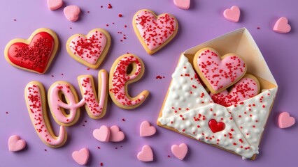 Fototapeta premium Valentine's Day Love Letter Cookies, Pink & Red Heart-Shaped Sugar Cookies in an Envelope with Marshmallows