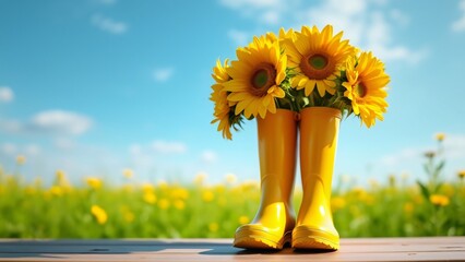 Cheerful Yellow Rain Boots with Sunflowers, Sunny Meadow Close-Up