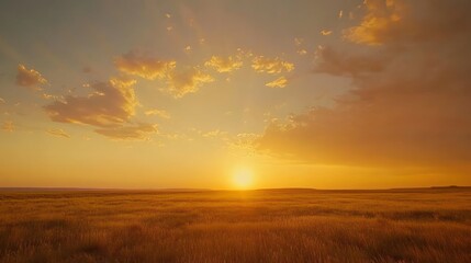Golden sunset over a vast, flat field of tall grass.