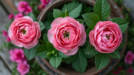 Fototapeta premium Aerial View of Three Pink Ranunculus Blooms in Rustic Metal Pot, Lush Green Foliage, Vibrant Pink Flowers Surround