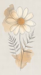 Obraz premium A delicate boho line drawing of a daisy and fern leaf, accented with soft watercolor-style beige and olive tones on a plain light gray background