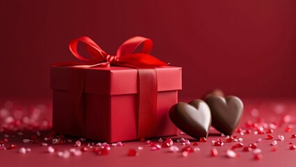 Obraz premium Romantic Valentine's Day Gift, Red Box with Heart-Shaped Chocolates, Crimson Background, High-Resolution Image