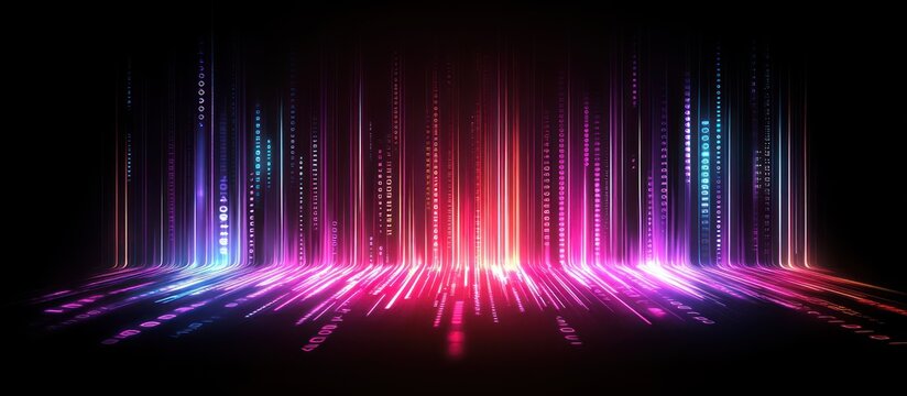 A network of glowing binary code streams with neon lights, against a sleek, dark technological background, representing the digital information highway 