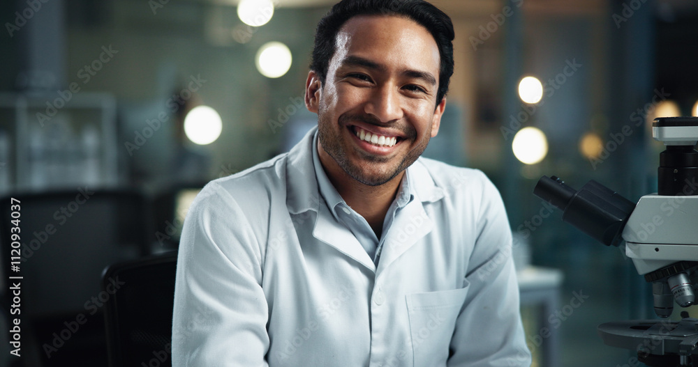 Poster man, scientist and portrait with smile, vaccine work and professional with confidence from research.
