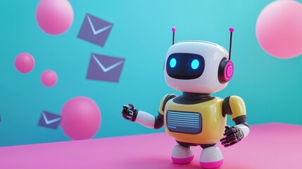 Fototapeta premium Vibrant and Playful Robot Character with Colorful Background and Floating Messages, Ideal for Modern Technology, Customer Service, and Communication Concepts