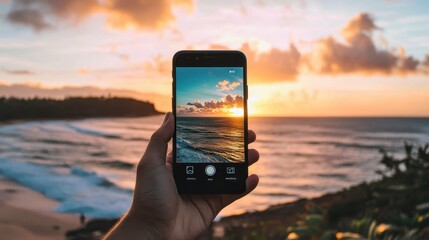 Hand Holding Smartphone Capturing Stunning Sunset Over Ocean Waves with Dramatic Clouds and Scenic Landscape in Background at Beach Location