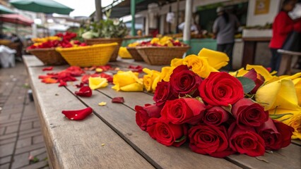The garden's red and yellow rose petals originate from a Colombian bloom.