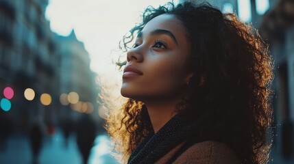 Young woman with curly hair gazes upward, capturing a moment of contemplation in a sunlit urban landscape, surrounded by soft bokeh and city life.