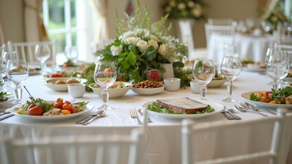 Fototapeta premium Elegant Wedding Reception Table Setting, White Linen, Gourmet Food, & Sophisticated Decor