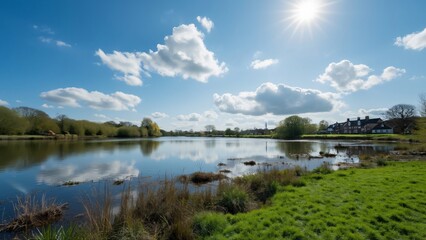 Fototapeta premium Stunning English Countryside Lake, Idyllic Village View, Sunny Day, Lush Greenery, Wetland Vegetation