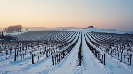 Fototapeta premium Snowy Vineyard Rows at Sunset, Serene Winter Landscape