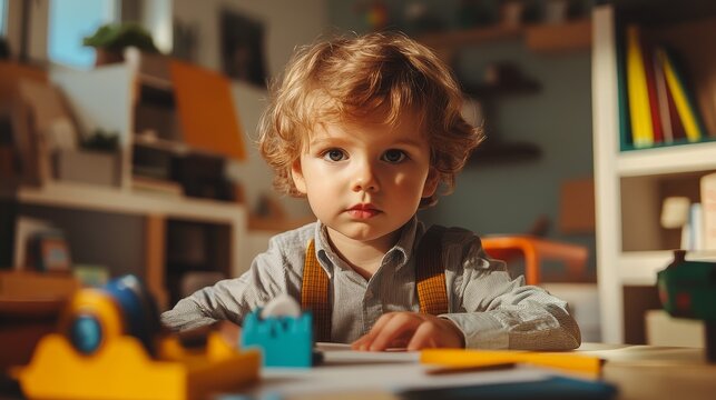 Mini office desk play child organizing toys in bright setting