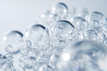 A close-up view of clear transparent bubbles clustered together on a smooth glossy surface