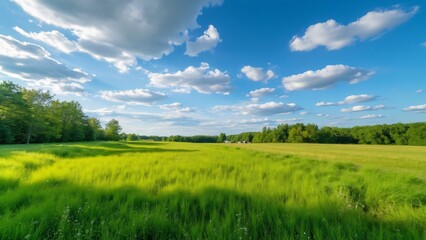 Obraz premium Stunning Swedish Summer Landscape, Wide-Angle View of Lush Green Field, Blue Sky, and Horizon Trees