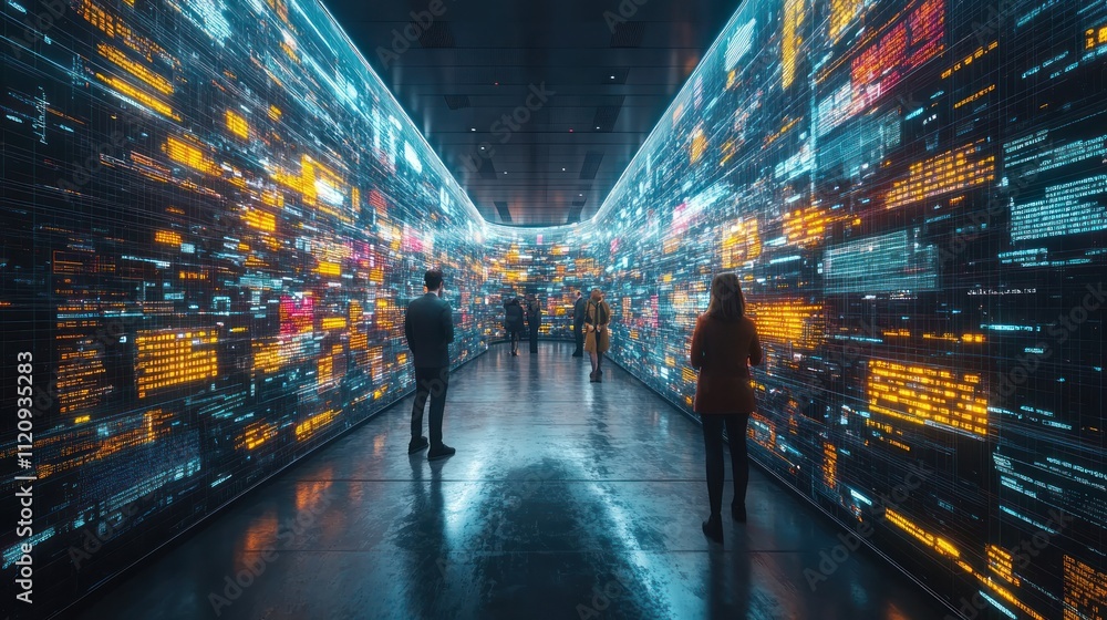 Poster futuristic corridor with digital data visualization