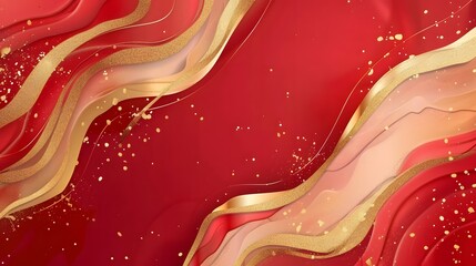 Abstract red and gold wave design with a smooth, flowing texture and glittering accents.