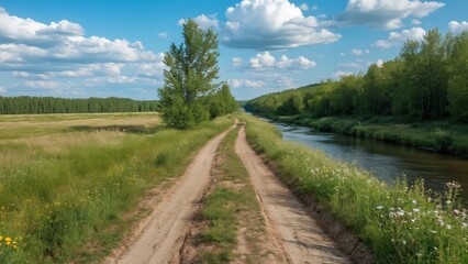 Fototapeta premium Scenic Dirt Road in Russian Countryside, Wildflowers, River, and Blue Sky