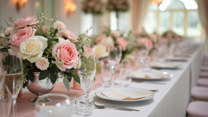 Fototapeta premium Elegant Wedding Reception Table Setting, Pastel Pink & White Flowers, Silver Vase, Delicate Plates & Glasses