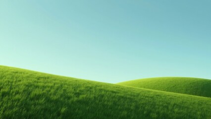 Fototapeta premium Serene Minimalist Green Grassy Hills Under Blue Sky, Stock Photo for Commercial Use