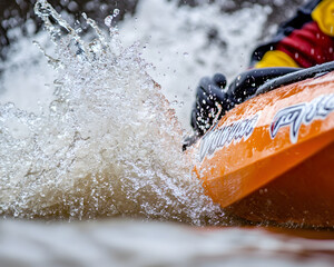 Naklejka premium A close-up of a kayak splashing through water, showcasing action and adventure in water sports.
