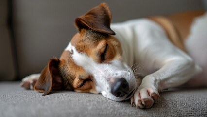 Fototapeta premium Adorable Jack Russell Terrier Dog Sleeping Peacefully on a Sofa - High-Resolution Photo