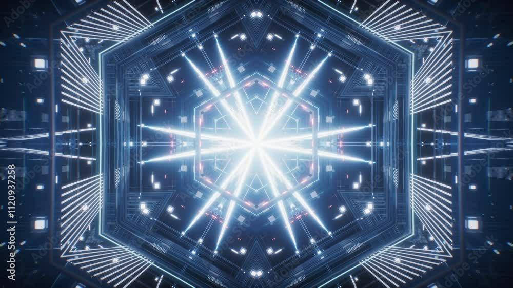 Poster abstract neon kaleidoscope pattern with glowing effects, 3d rendering.