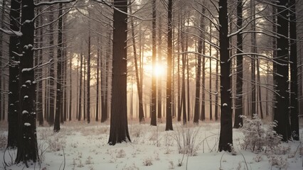 Sunlit Winter Forest, Snow Covered Trees, Sepia Photography