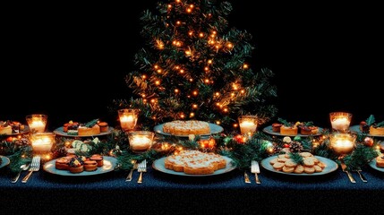 Fototapeta premium Festive Christmas Table Setting with Delicious Treats and Sparkling Lights