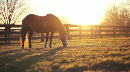 Obraz premium Serene Horse Grazing in Sunrise Light