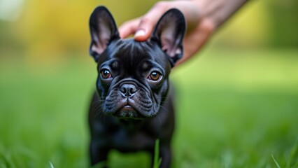 Fototapeta premium Adorable Black French Bulldog Petted Outdoors in Lush Green Grass, A Shallow Depth of Field Photo