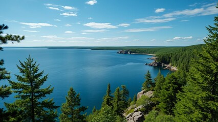Obraz premium Stunning Aerial View of Lake Superior's Shoreline, Turquoise Waters, Lush Green Forests, and a Bright Blue Sky
