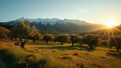 Obraz premium Golden Hour in Spanish Countryside, Olive Groves, Snow-Capped Mountains, 