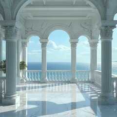 Ocean view from a white marble balcony with columns and arches.