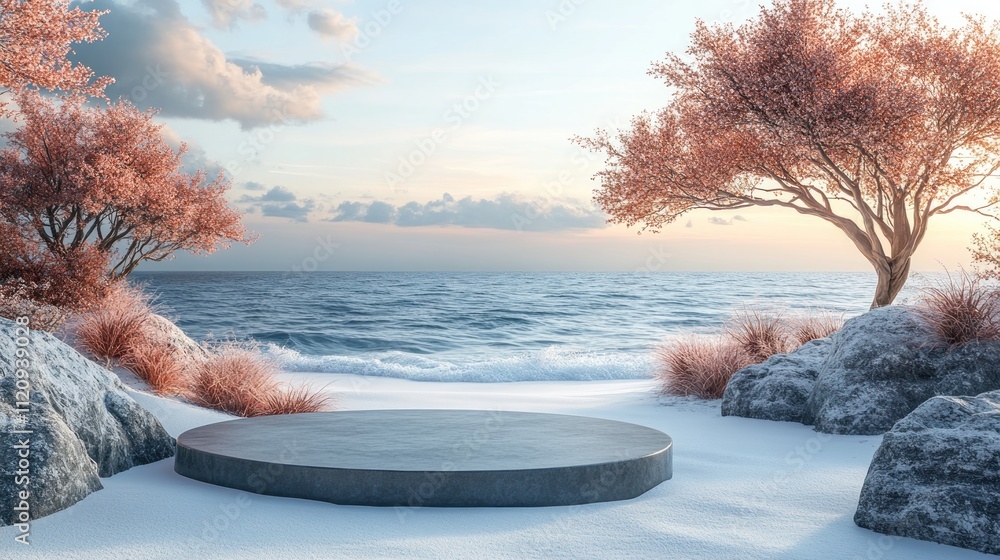 Poster serene coastal scene with a circular platform and trees